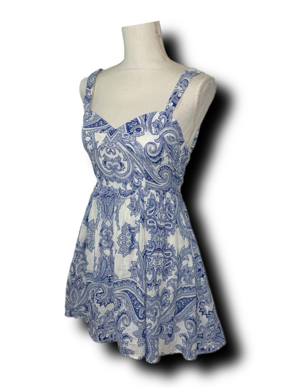Zara Blue Paisley Print Sweetheart Mini Summer Sundress Cotton and Linen Blend - Picture 5 of 9
